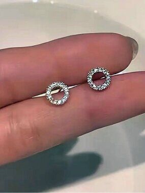 Dainty Round Hollow Circle Rhinestone Studs Minimalist Silver Earrings